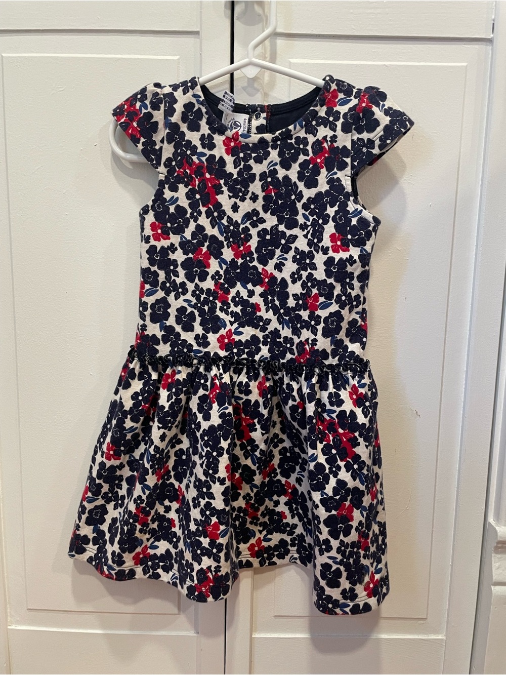 Petit Bateau Girls Floral Fit-and-Flare Dress in Navy, Red & White